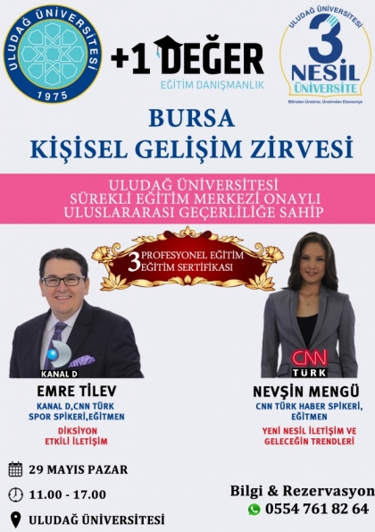 Bursa Kişisel Gelişim Zirvesi Uludağ Üniversitesi Onaylı 3 Sertifika Etkinlik Afişi