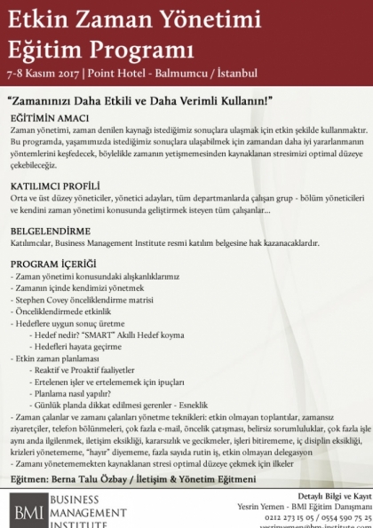 Etkin Zaman Yönetimi Eğitim Programı | Business Management Institute Etkinlik Afişi